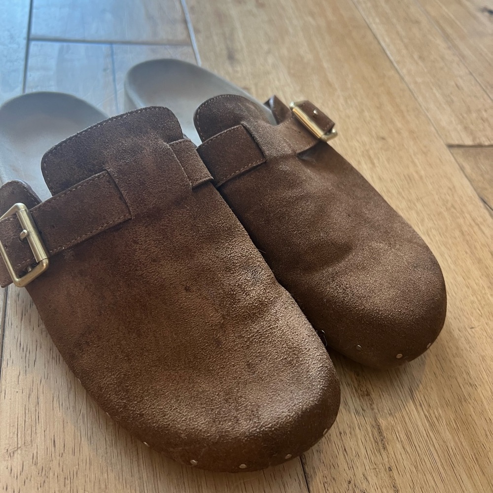Loeffler Randall Jayden Brown Suede Slide Clogs with Gold Buckles
